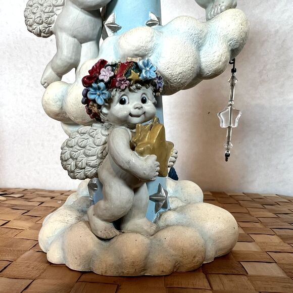 DREAMSICLES 7”Cherubs Candlesticks X2 BY DANBURY MINT Baby Blue w/ Stars Clouds - Picture 6 of 16